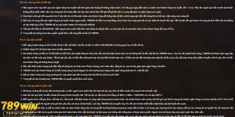 Điều khoản cho chính sách nạp vốn 789Win