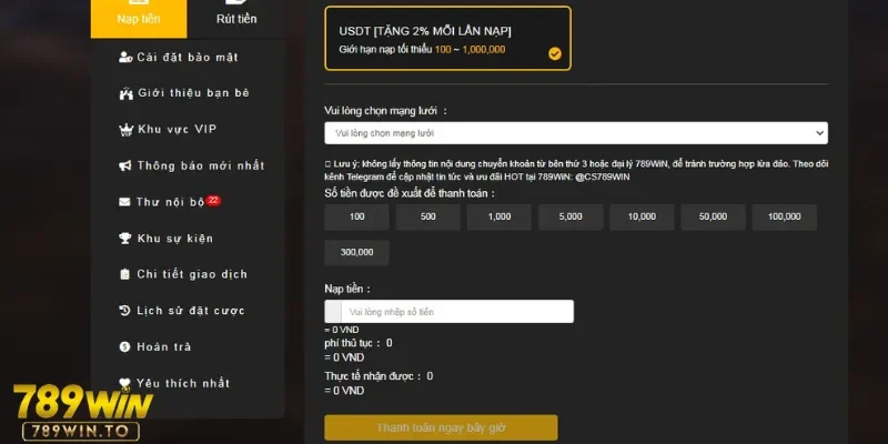 Nạp tiền vào 789Win thông qua USDT