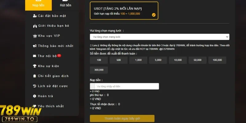 Điền thông tin để nạp vốn trước khi vào bàn